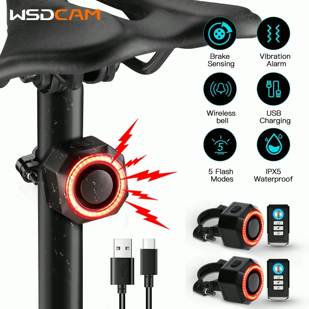 Bicycle Alarm Wireless Alarm Smart Alarm Anti Theft Burglar Bicycle Light Taillight Remote Control Flash Light Cycling Equipment Vibration