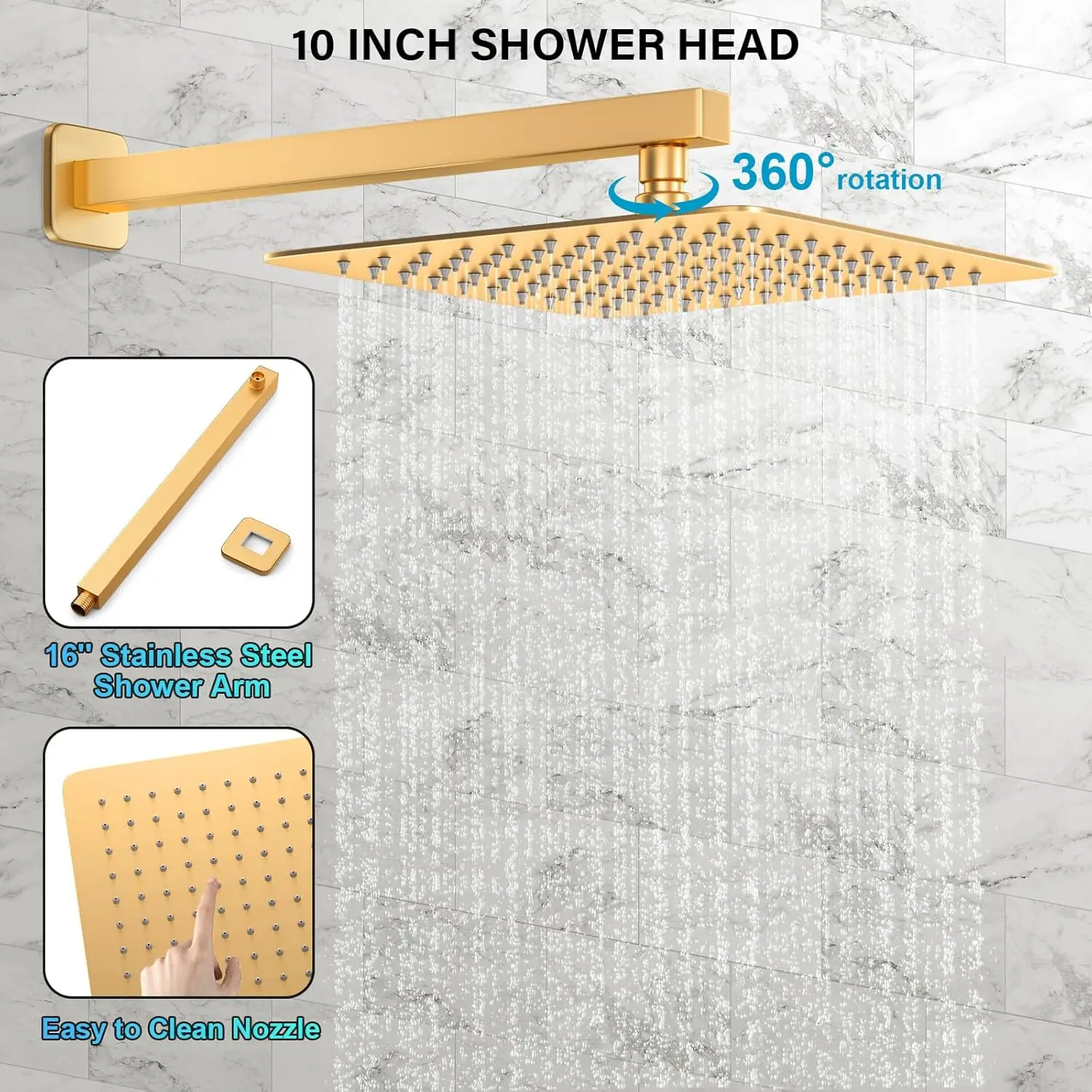 Gold Faucet Set Rainfall Shower System with Rain Shower Head and Handle Set Wall Mounted Fixtures Trim Repair Kit
