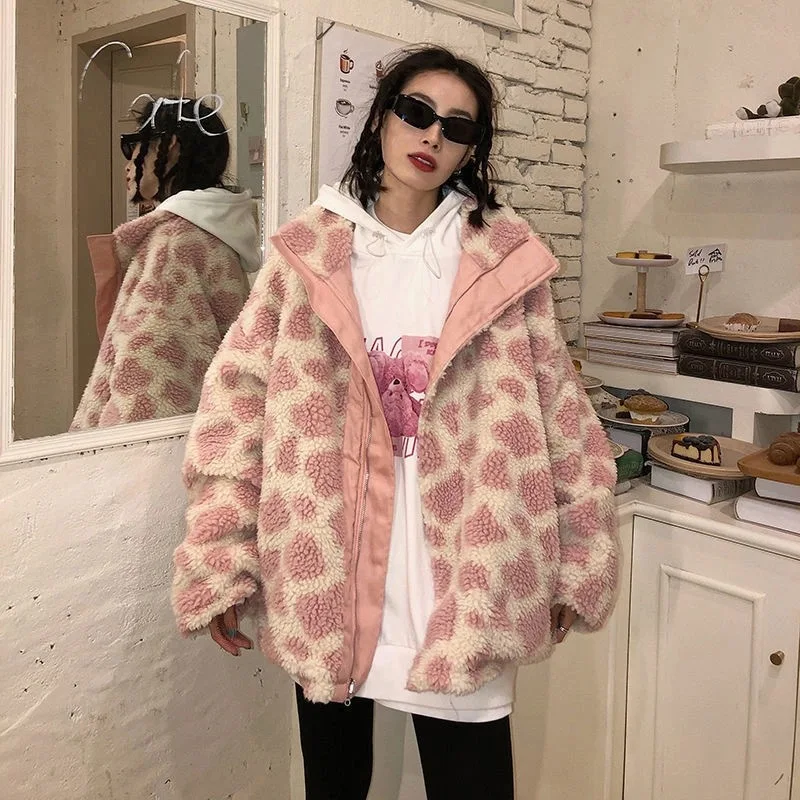Double-sided Fuzzy Woolen Jackets Plus Size Autumn Winter Faux Fur Coat Women Cotton-padded Jacket Cow Print Outerwear Cute