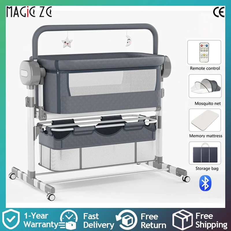 Berceau électrique intelligent pour bébé, berceau à bascule automatique, Bluetooth, musique, minuterie pivotante réglable, lit pliable pour le confort des nourrissons