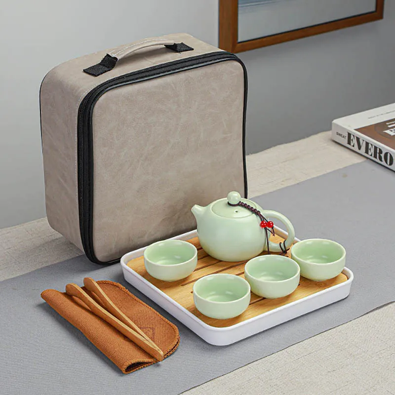 Traditional Chinese Enamel Tea Set Portable Ceramic Tea With 1 Teapot 6 Cup Tray Bag Lazy Susan Teaware Gift For Enthusiasts