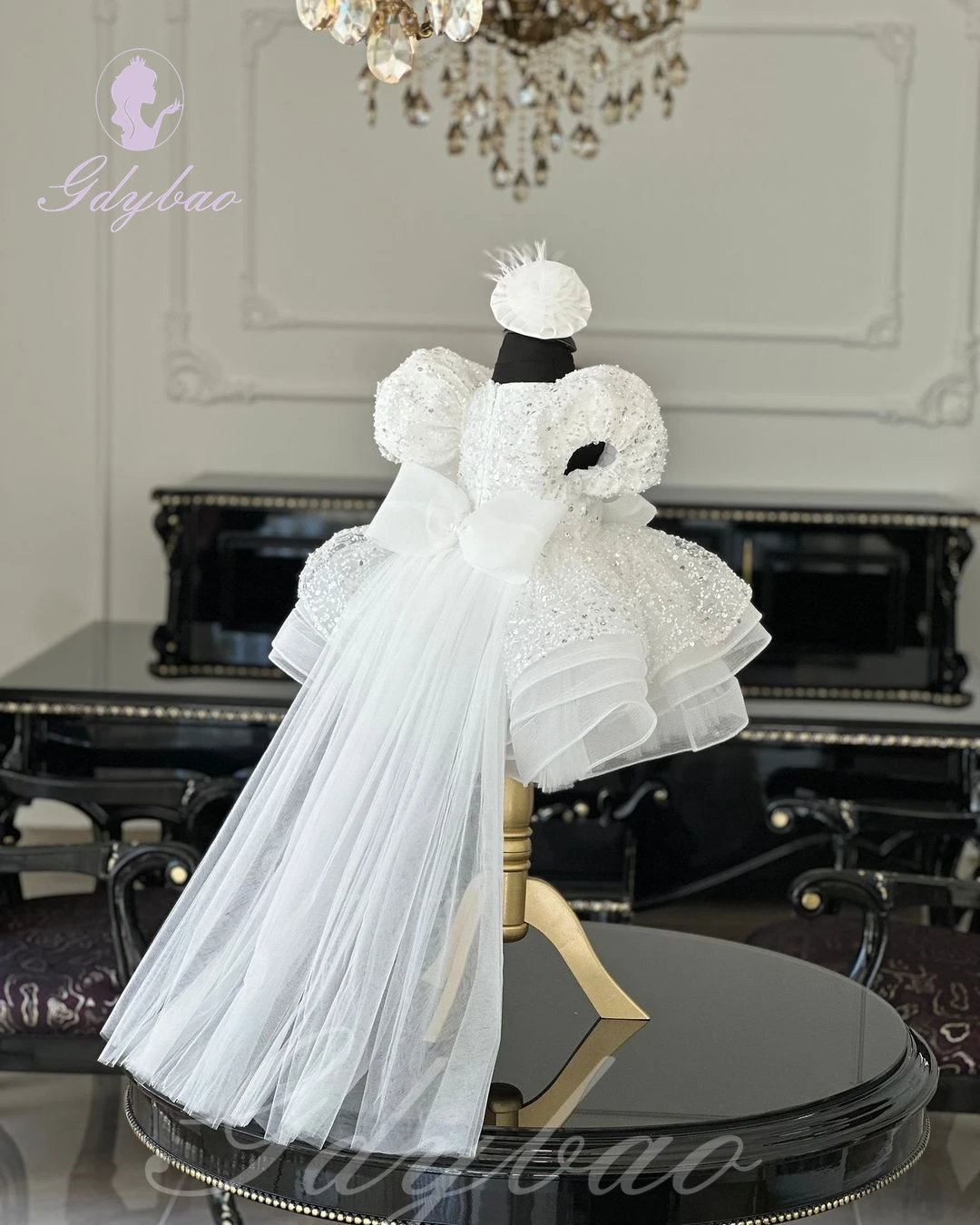 Flower Girl Dresses Elegant White Flower Girl Dress For Wedding Puffy Sequins Beaded Short Sleeves Tulle Kids Birthday Party First Communion Gown