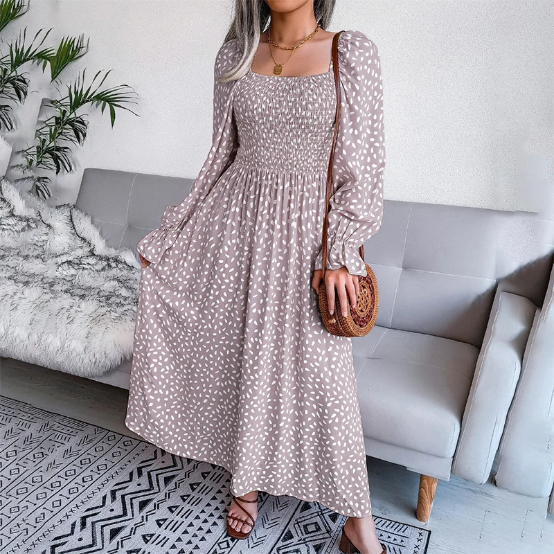 

Women Print Puff Long Sleeve Dress Casual Big Hem Party Beach Long Dresses Fashion Square Collar Autumn Holiday Dress 2022