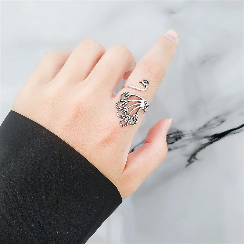 WYEAIIR Vintage Creative Art Peacock Thai Silver 925 Sterling Silver Resizable Opening Ring For Women Luxury Jewelry Silver Ring Silver Rings