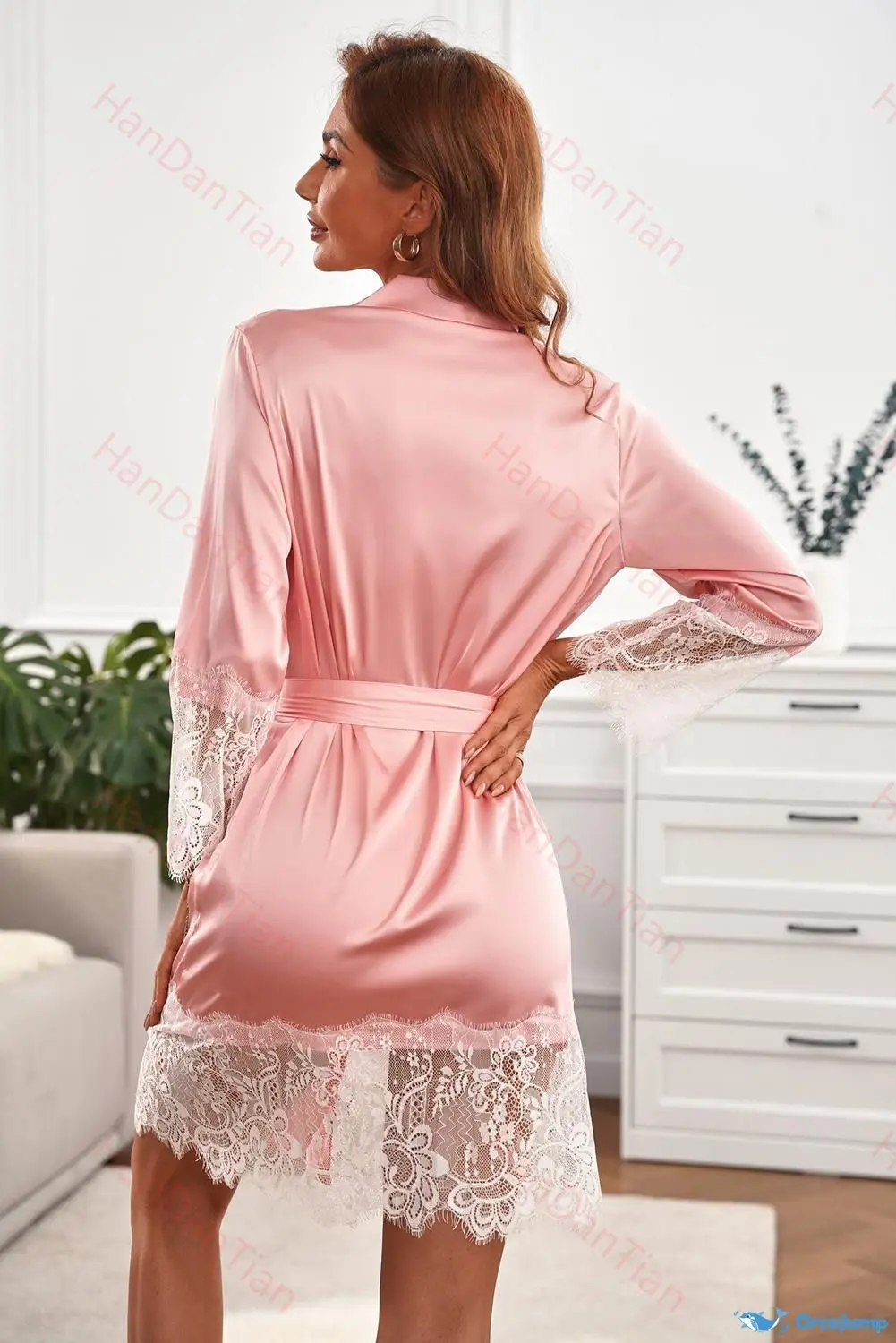 Silk Robe for women boudoir bridal robe wedding dress Pink Satin Kimono Robe With Lace Trims