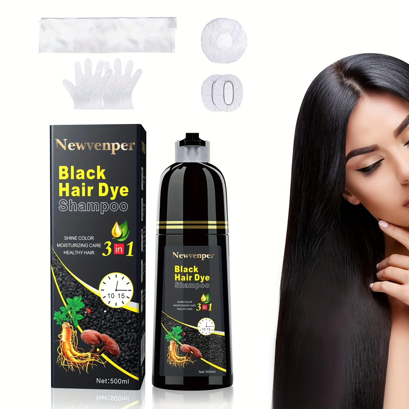 500ML/14.9 Fl.oz Black Hair Dye shampoo Coloring in Minutes Natural & Long Lasting Hair Dye Shampoo Men & Women turn Black hair dye shampoo