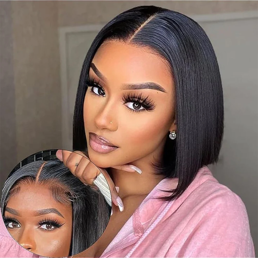 

Wear And Go Glueless Human Hair Wig Bob 180% Density Straight Short Bob 4x4 Lace Front Pre Plucked Human Wigs Ready To Go