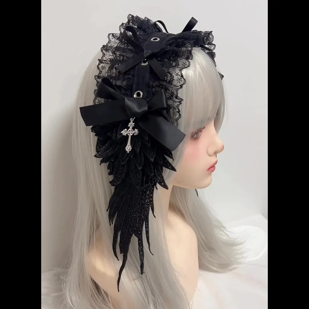 Damen Harajuku Steampunk Y2K Spitze Flügel Kopfbedeckung Schleife Stirnband Lolita Gothic Dark Angel Kreuz Kopfbedeckung und Haarschmuck – Detail 9