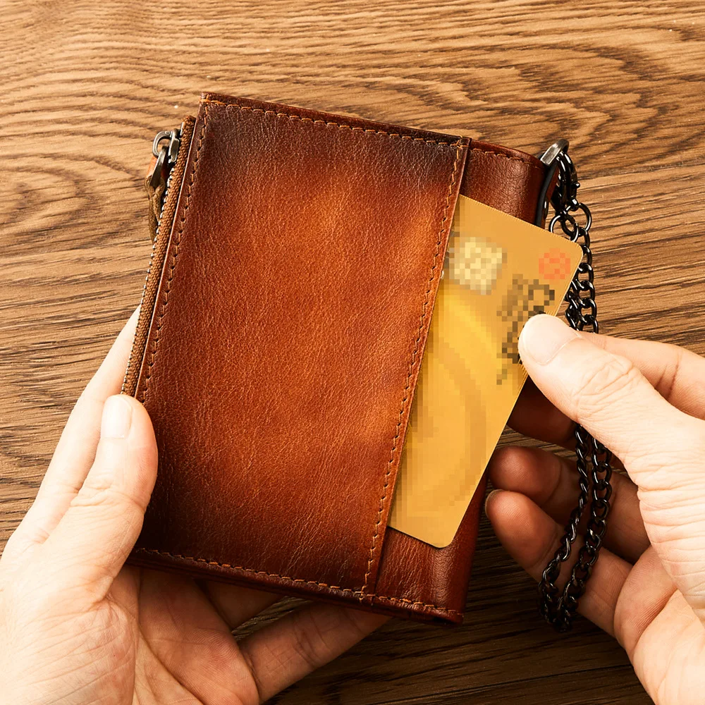 Dante Leather Men‘s Wallet Top Layer Cowhide RFID Anti-theft Brush Wallets Card Swiping Driver's License Chain Zipper Coin Purse