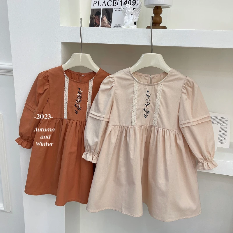 

Girls' Long Sleeve Dress Autumn New Girls' Long Sleeve Embroidered Solid Color Soft Loose Dress Ropa De Niña Vestidos