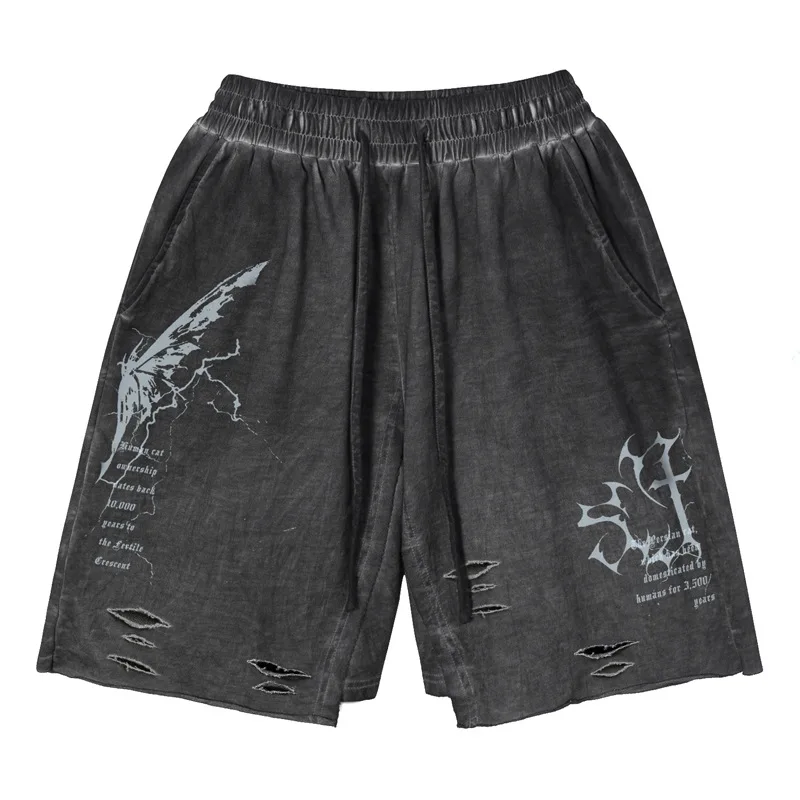 

Worn Wash Vintage Perforated Pants Casual Men's Large Loose American Printed Sports Pure Cotton Straight Sleeve Men's Shorts