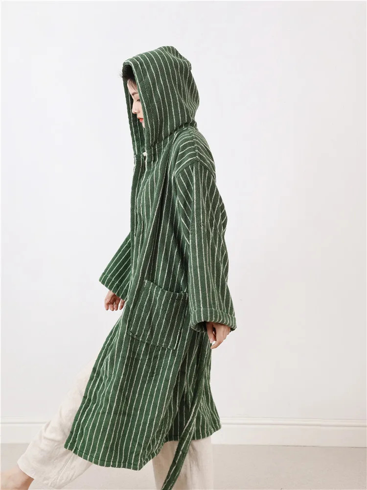 Description Picture 2 of itemFashion CottonYarn Striped Bathrobes Soft Cozy Absorbent Bath Towel Robes V Neck Hooded Loose Sleepwear  Adult Bath  Robes