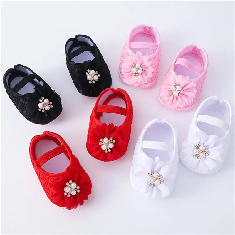 Baby Girl Shoes 0-18months Baby Girls Shoes And Headband Soft Sole Non-Slip Pearl Flower Princess Wedding Dress Crib Shoes Newborn Girls