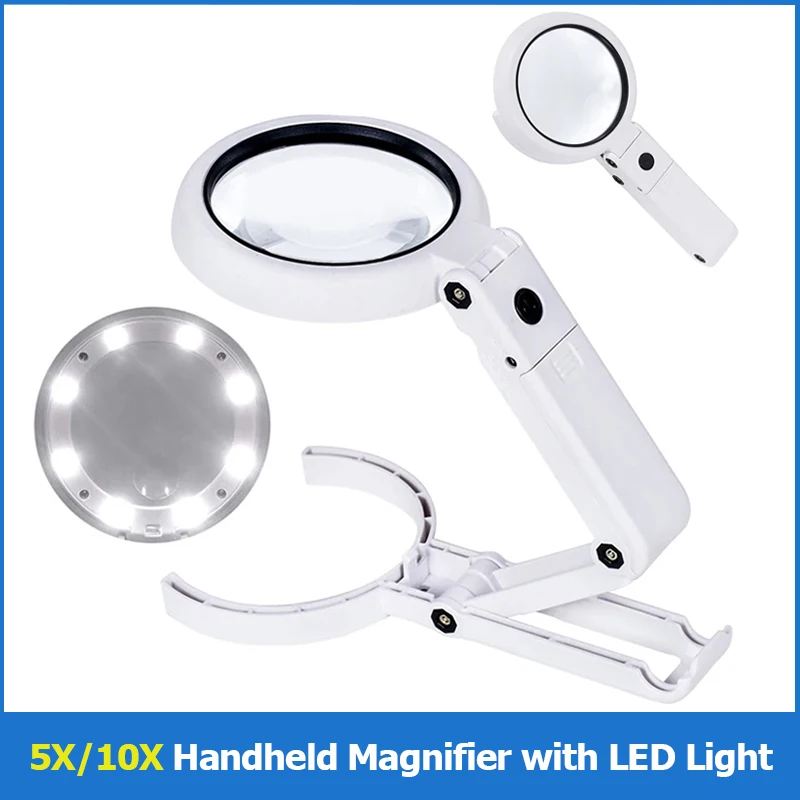 5X/10X Lupe mit 8 LED-Lichtern, faltbarer Ständer, Schreibtisch-Lesung, beleuchtete Lupe für Schmuckbewertung, Lesen, Reparatur