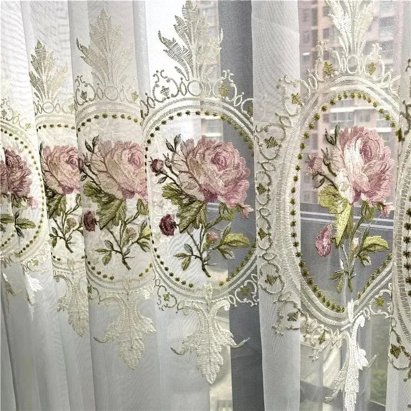 Sheer Curtains American Luxury Peony Embroidery Tulle For Living Room European Elegant Flower Voile Drapes For Bedroom
