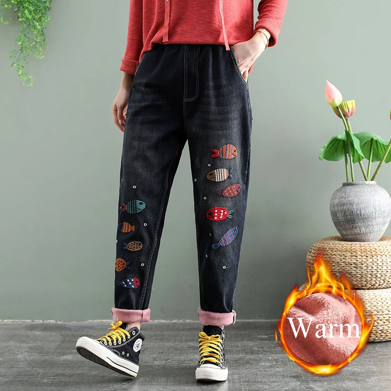 

Winter Thicken Harem Jean Women Cartoon Add Velvet Fish Embroidery Casual High Waist Denim Pant Capri Plus Lining Cowboy Trouser