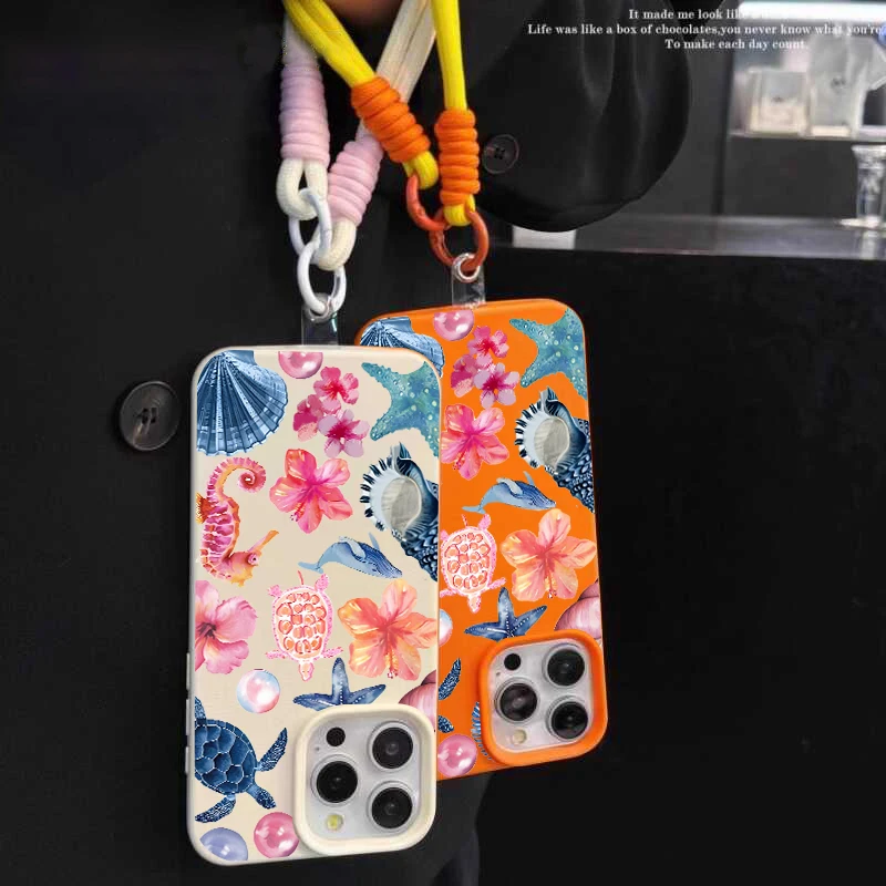 Shockproof Lichee Pattern Phone Chain Lanyard Case with Starfish Coral Jellyfish Design
