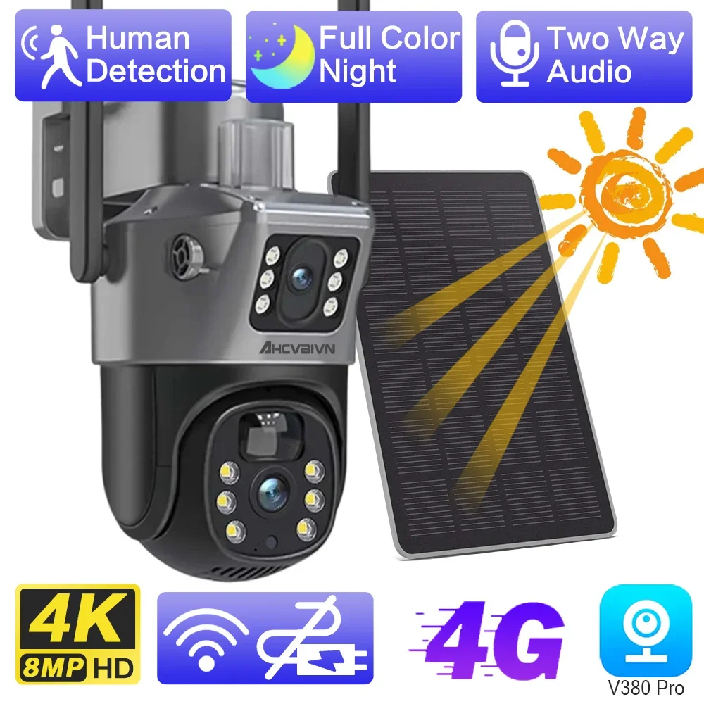 

4K 8MP 4G SIM Card Solar Surveillance Camera PIR Motion Detection Outdoor PTZ Security IP Camera Color 50M Night Vision V380 Pro