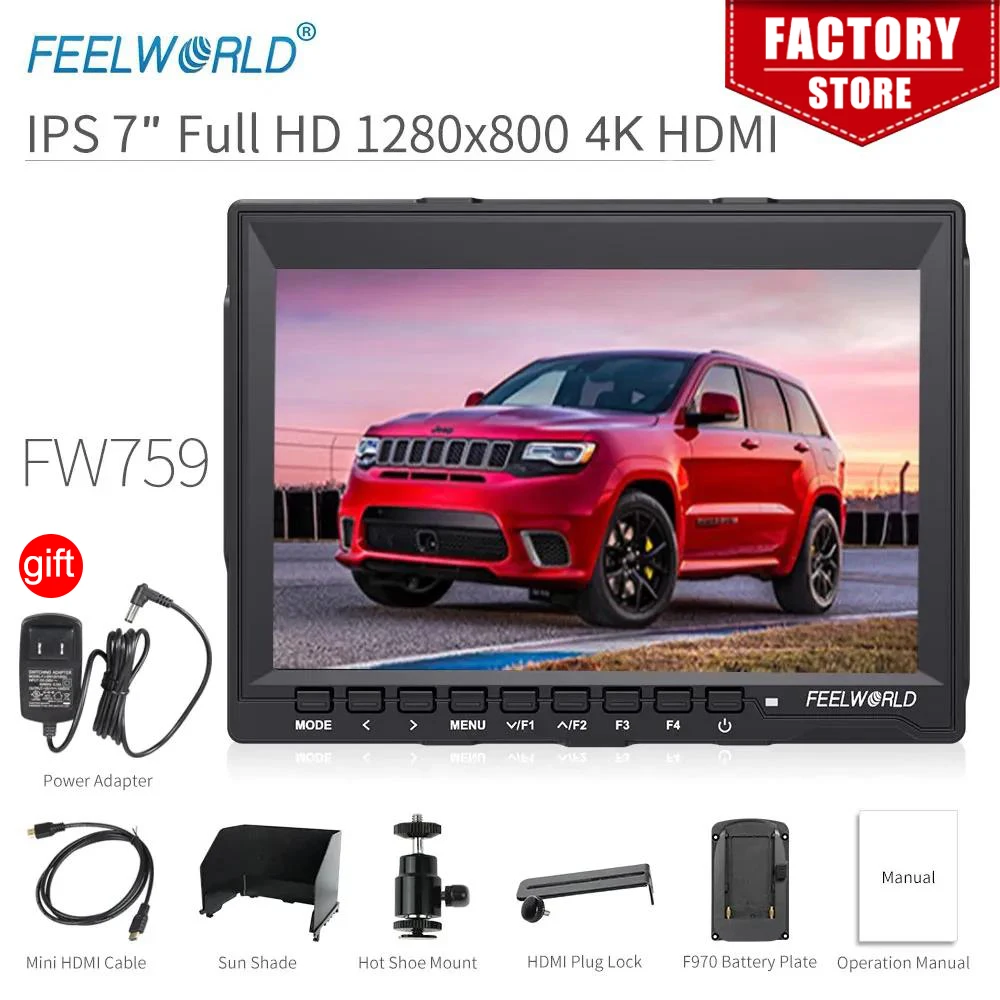 FEELWORLD FW759 7 Inch DSLR Camera Field Monitor 4K HDMI AV Input IPS HD 1280x800 LCD Display Video Assist Protable for Camera