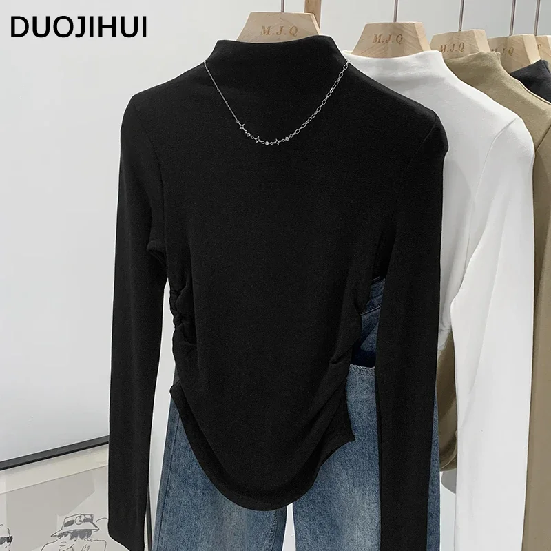 

DUOJIHUI Autumn Solid Color Simple Neck Chic Female T-shirts Classic Long Sleeves Fashion Slim Waist Basic Casual Women T-shirts
