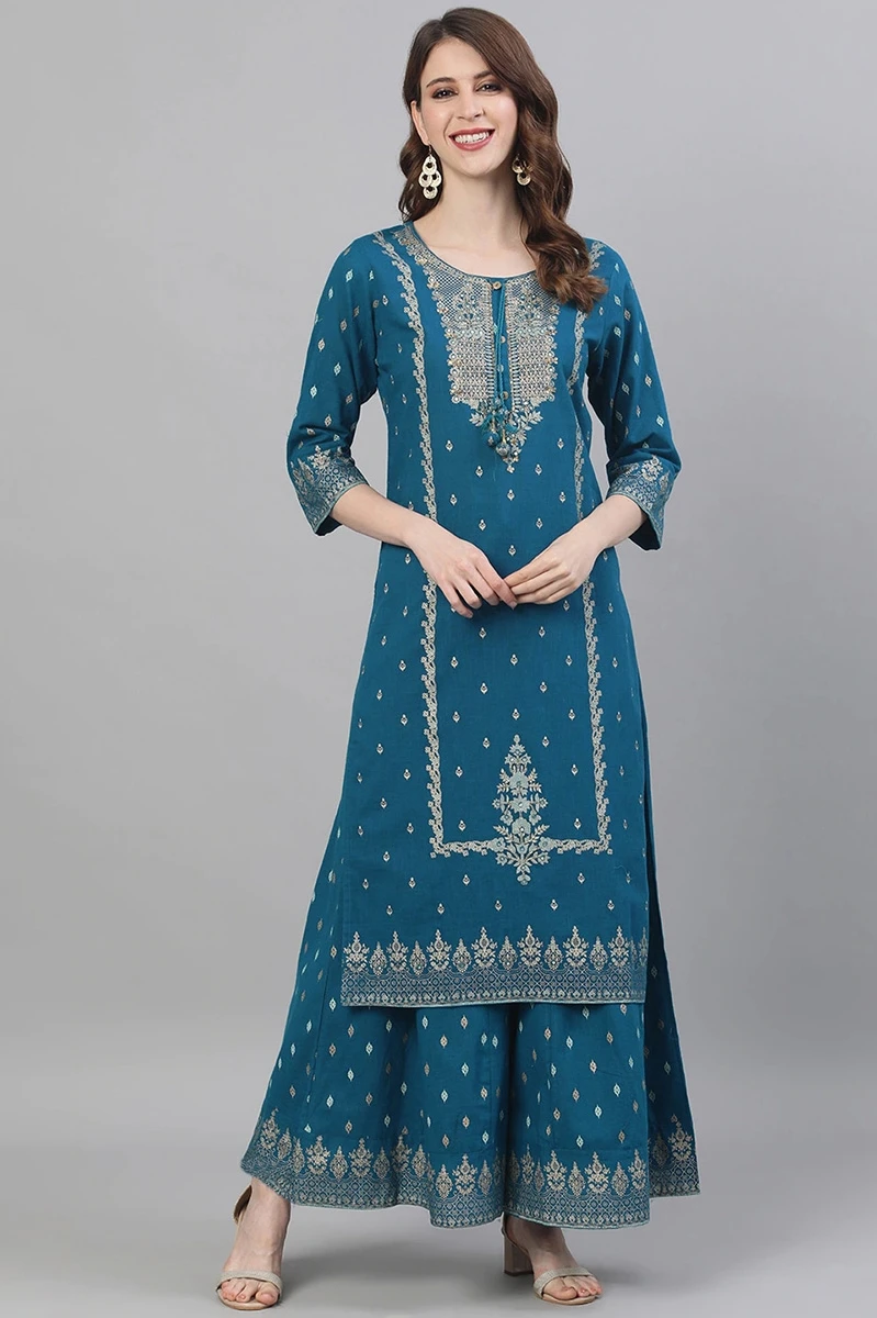 Indian Apparel Women\'s Ethnic Set 2-Piece Cotton Printed Navy Blue Indian Traditional Dress Cotton Printed 3-piece Suit