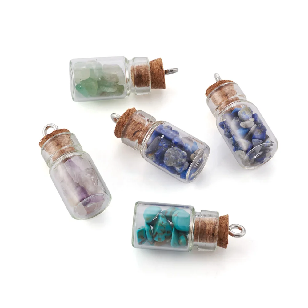 

2~5pc Mixed Color Mini Wishing Glass Bottle Pendant with Natural Synthetic Gemstone Chip Stone Beads Lucky Drifting Bottle Charm