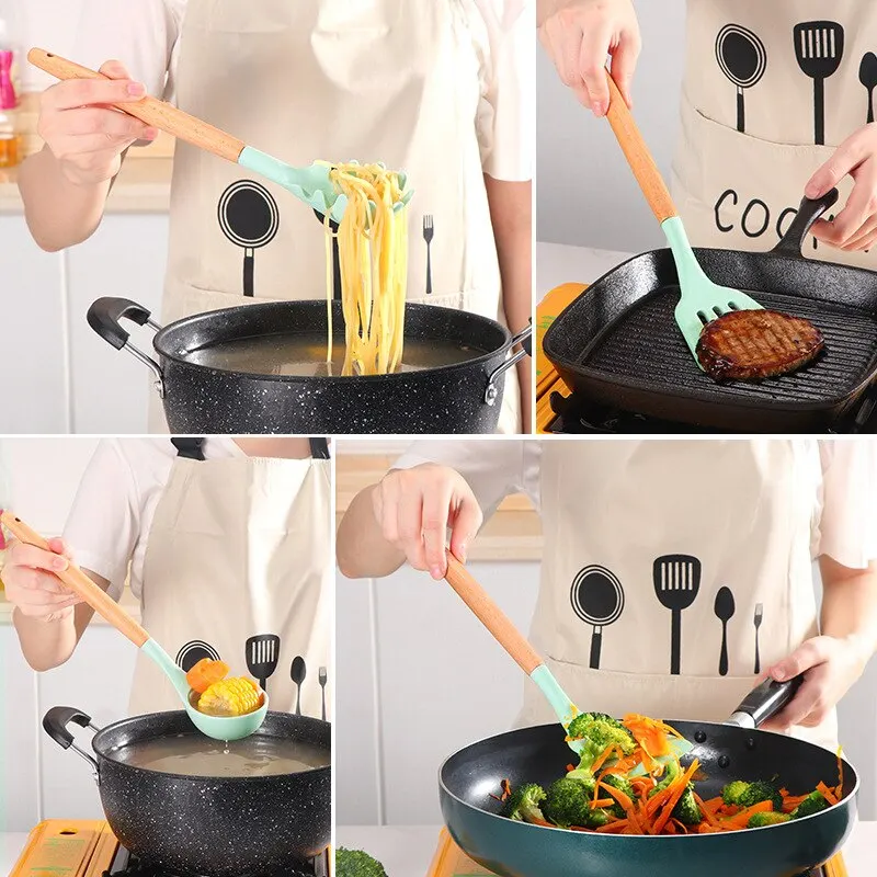 Wooden Handle Silicone Kitchen Utensils High Temperature Resistant