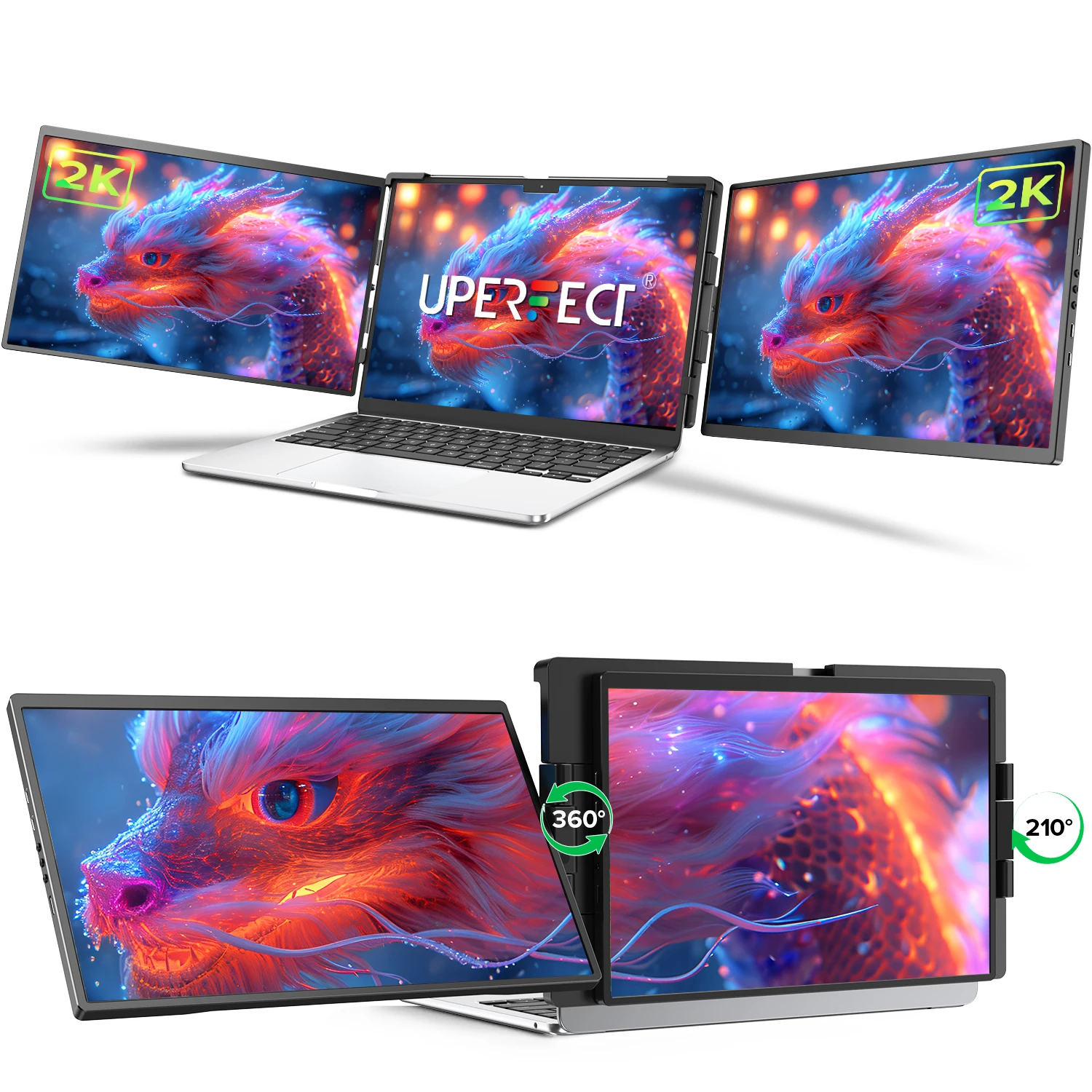 צג נייד UPERFECT 14 אינץ' 2K משולש בגודל 2240x1400 QHD IPS צג כפול עם מרחיב מסך למחשב נייד עם סיבוב בעיטה עבור MacOS Windows Chrome Dex מתאים ל-13-17 אינץ'