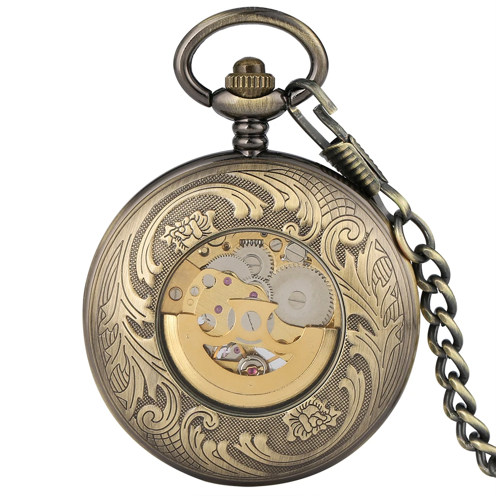 Antique Brozne Transparent Gear Skeleton Mechanical Automatic Self-wind Pocket Watch Retro Pendant Fob Watches Relogio De Bolso