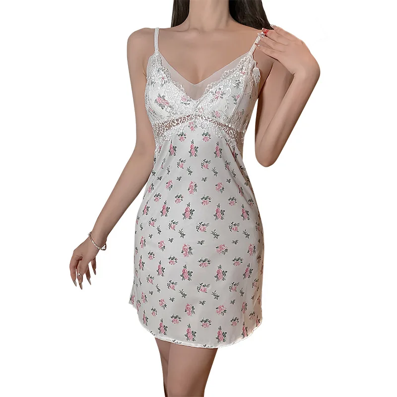 Ladies' sexy home nightgown with deep V-suspender sleepwear pure desire to expose the back small fresh floral suspendernightgown