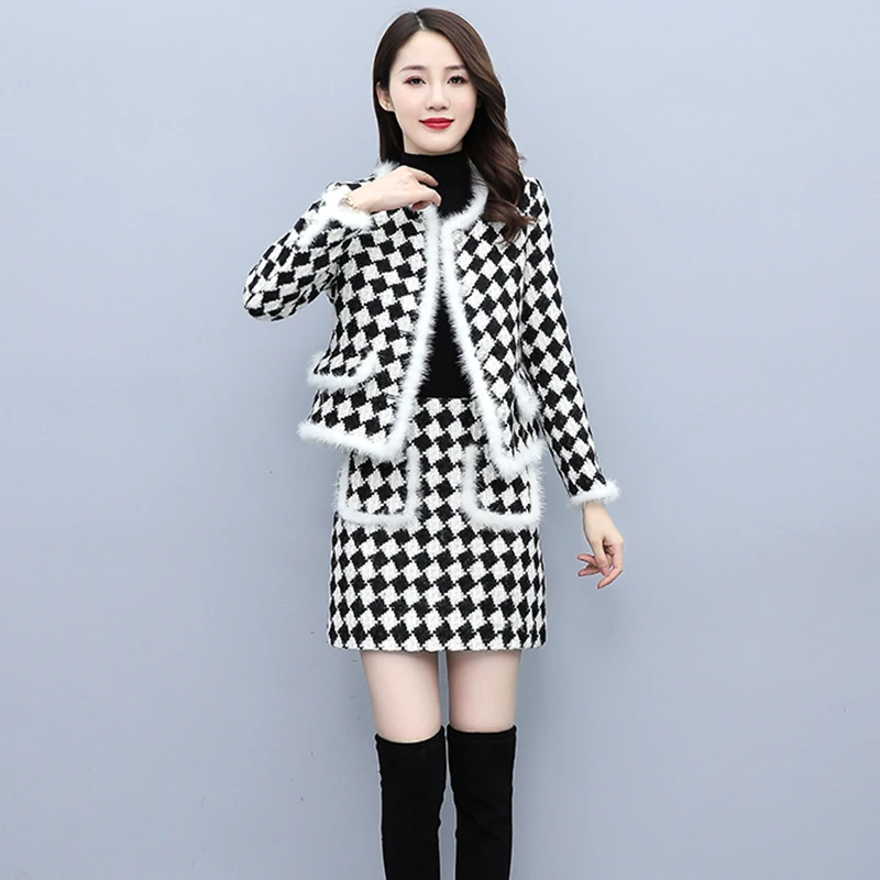 

Fashion Tweed Suits Skirt Women's Autumn Winter 2024 New Korean Loose Black White Grid Short Jacket Female Skirt Two-Piece Set