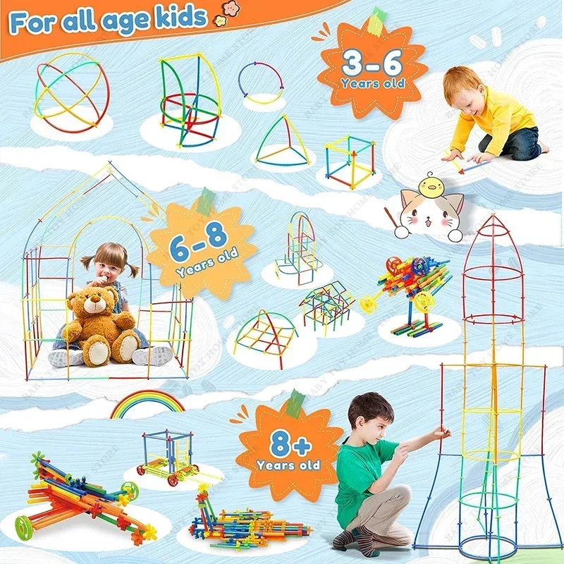 Straw Constructor Toys STEM Building 500PCS Plastic Engineering Thin Tube Blocks Educational Toy Kit for Kids Gifts
