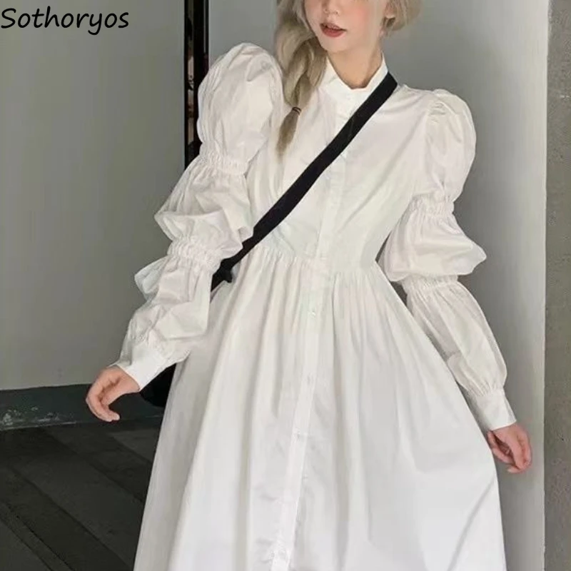 

Dresses Women Solid Folds Simple All-match Spring Graceful Princess French Style Causal Sweet Charming Adorable Basics Ladies