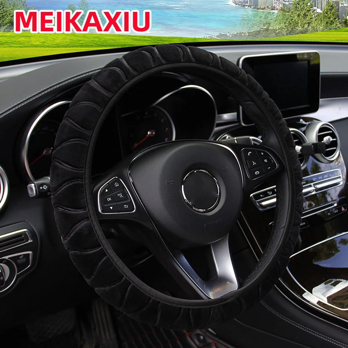 Soft short-fur plush pressed flower car inner-free steering wheel cover suitable for 14.5-15-inch car interior accessor