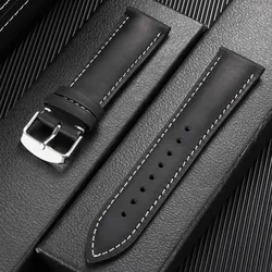 Vintage Leather Watch Strap - Calfskin Wristband - Black Buckle (Black)
