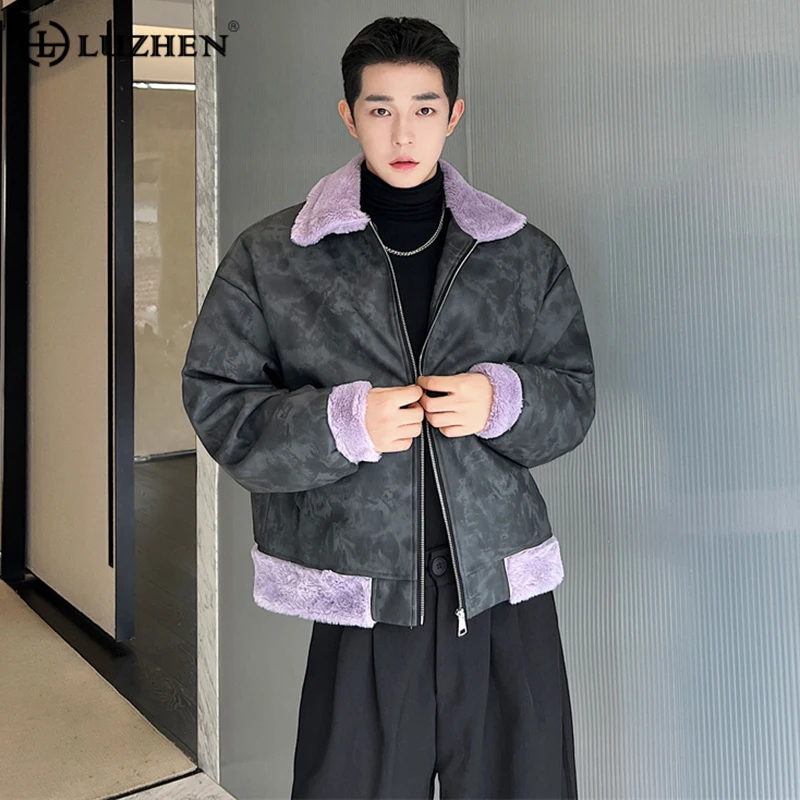 

LUZHEN Autumn Winter Men's Leather Lamb Wool Splicing Design Jacket Design High Quality Street Coat Short Pu Coat Stylish Fb734e