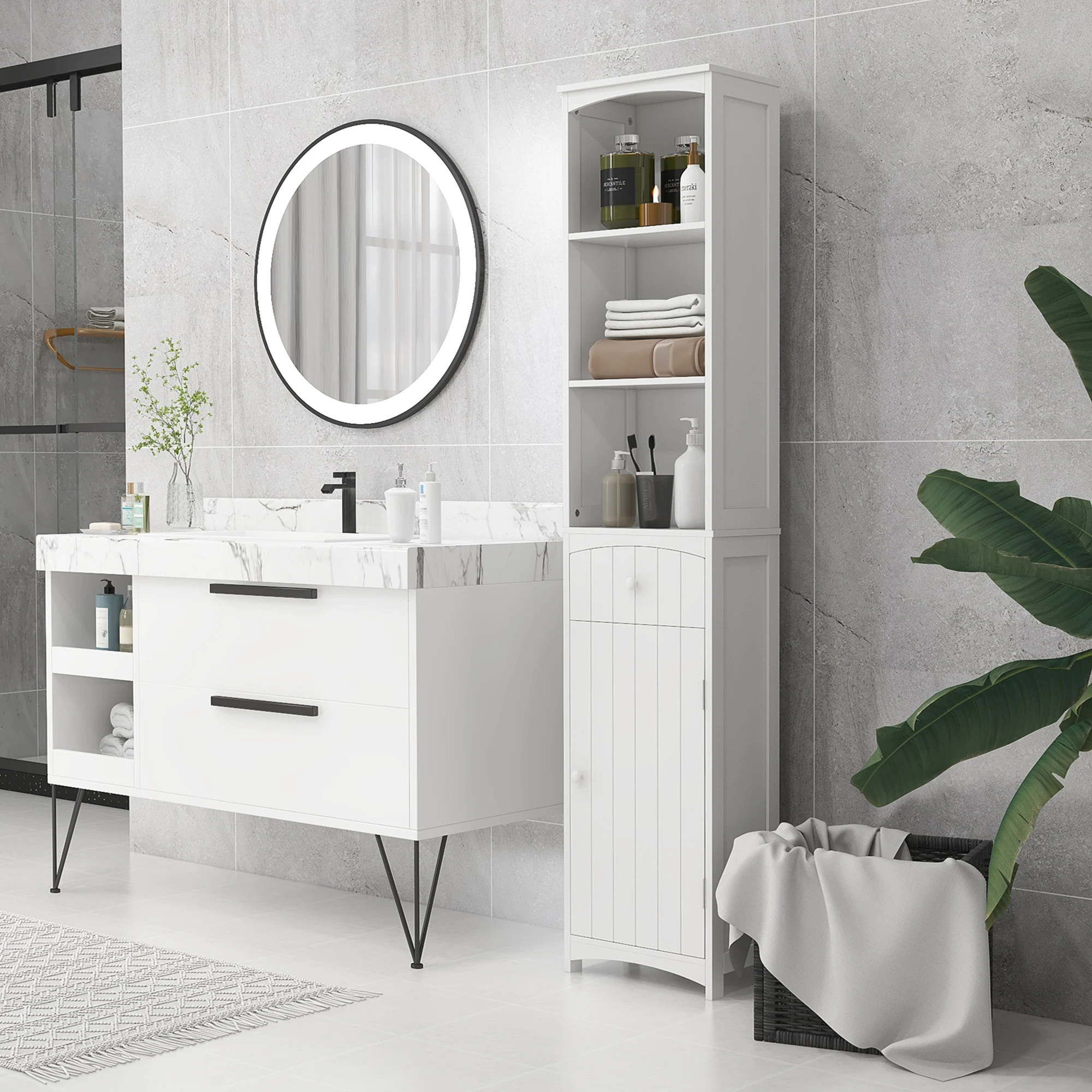 Homcom Bathroom Storage Cabinet, Free Standing Bathroom Storage Unit, Tall Linen Tower with 3-Tier Shelves and Drawer, White 5