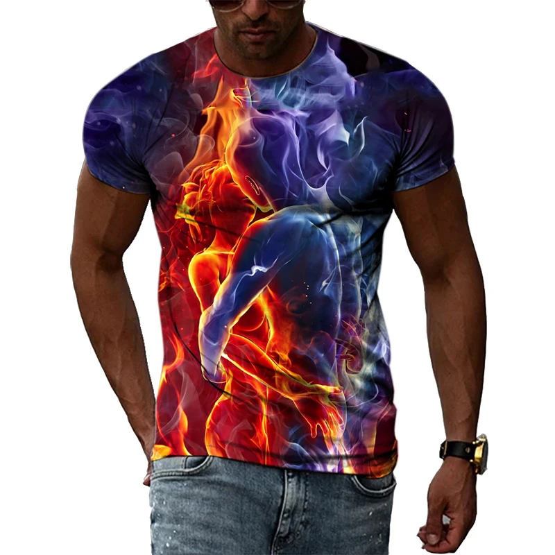 Summer Fashion Trend Abstract Flame Graphic Funny Men T-shirts Casual 3D  Print Harajuku Personality Round Neck Short Sleeve Top