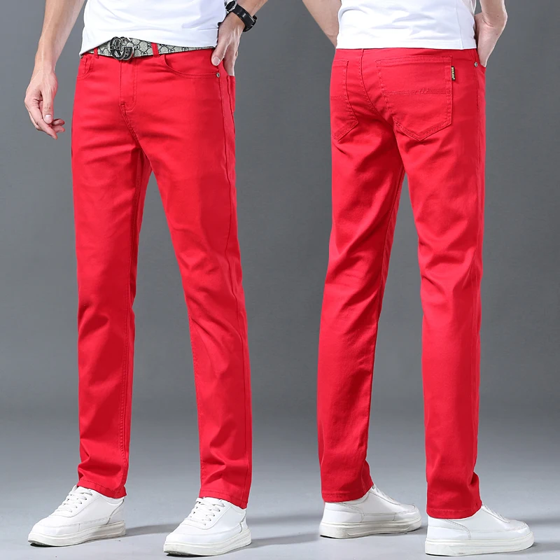 Plus Size Handsome White Jeans High Quality Men's Pants Waist Slim Elastic Small Legs Pants With New Pants Men Red Trousers 2