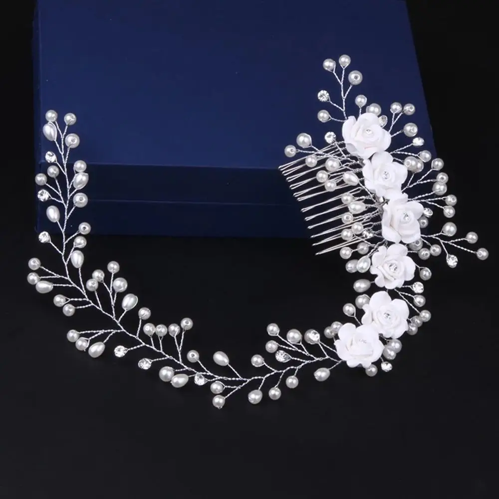 Flower Prom Jewelry Handmade Crystal Pearl Hair Ornaments Hair Comb Headband Bridal Headpiece