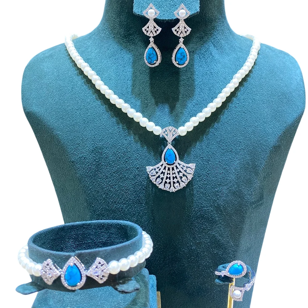 

TIRIM Elegant Pearl Necklace Set for Women Cubic Zirconia Turquoise/Peacock Party Jewelry Sets Bride Wedding Jewellery Accessory