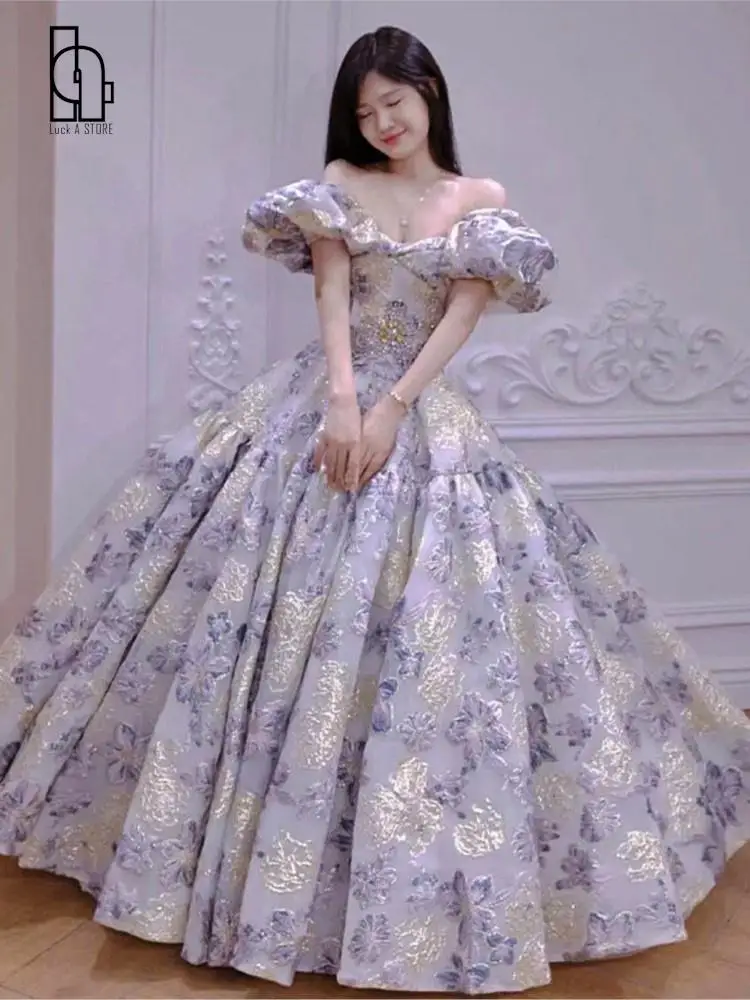 FashionNewPrincessFlowerEveningDressSweetPuffSleeveAline