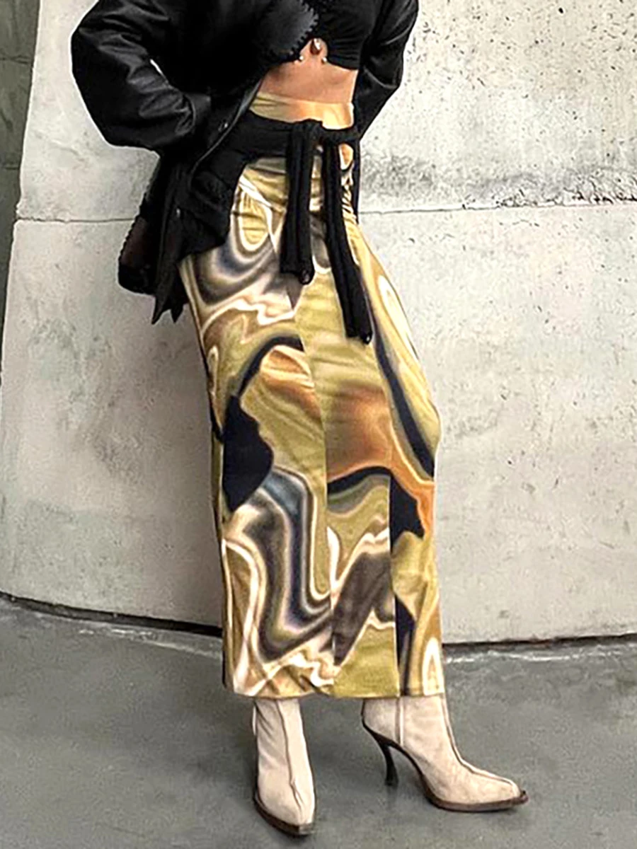 

Женская облегающая юбка с принтом, прямая юбка средней длины контрастных цветов с высокой талией и рюшами, лето-осень