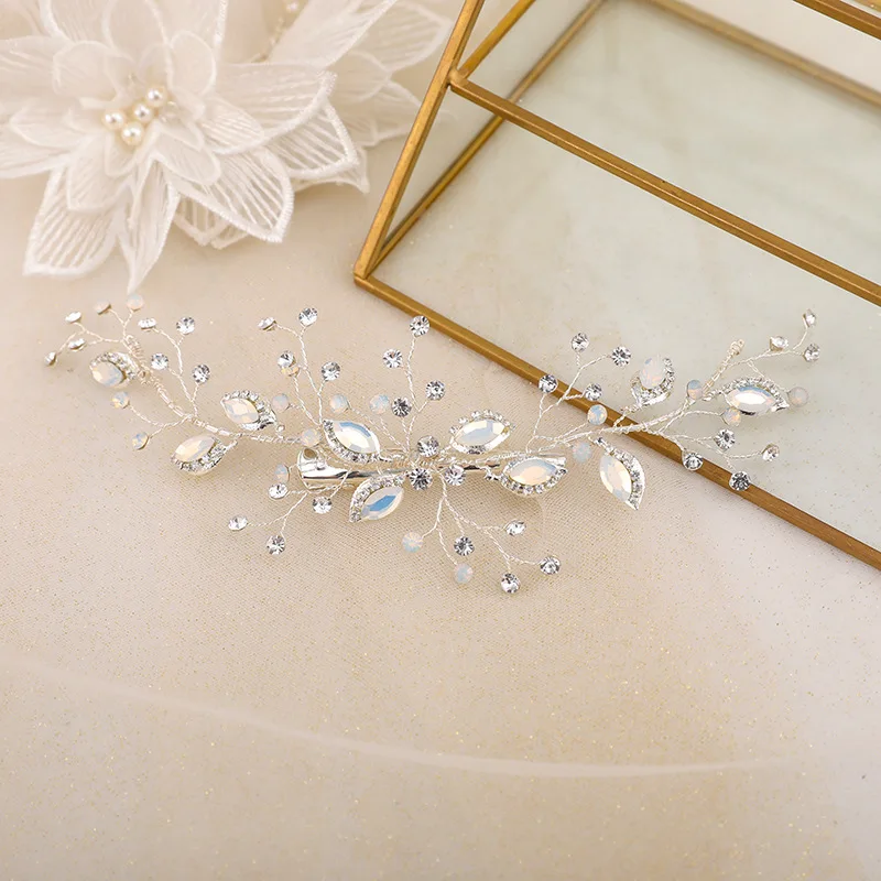 

SLBRIDAL Handmade AB Crystal Rhinestone Alloy Flower Leaf Bridal Hair Clip Barrettes Wedding Hair Accessories Women Hair Jewelry