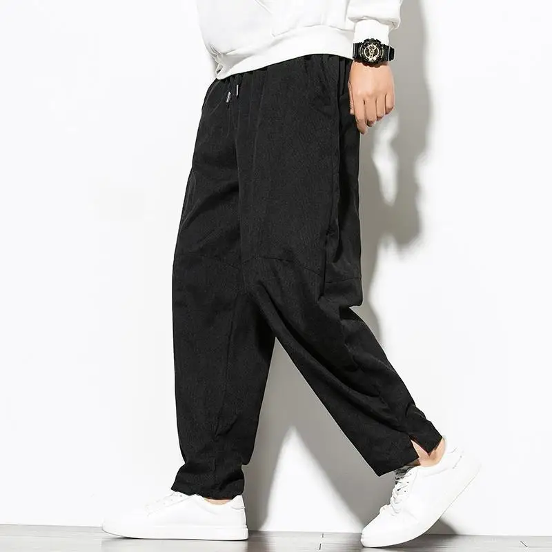 Wide Leg Pants Spring Autumn Solid Color Vintage Corduroy Wide Leg Trousers Man Elastic Waist Pockets Casual All-match Pants Male Clothing