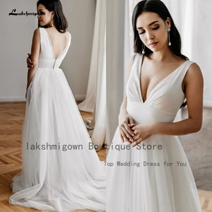 Simple White Tulle Long Beach Wedding Dress 2022 Hochzeitskleid Plunging V neck White Sexy Bridal Boho Wedding Gowns Sleeveless