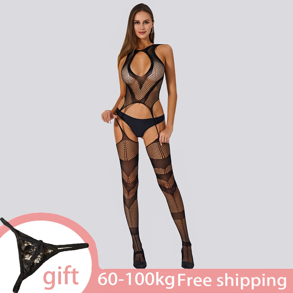 

100KG Sexy Lingerie Bodysuit Open Bra Crotchless Underwear For Women Sex Bodysuit Erotic Fishnet Tights Socks with G-string