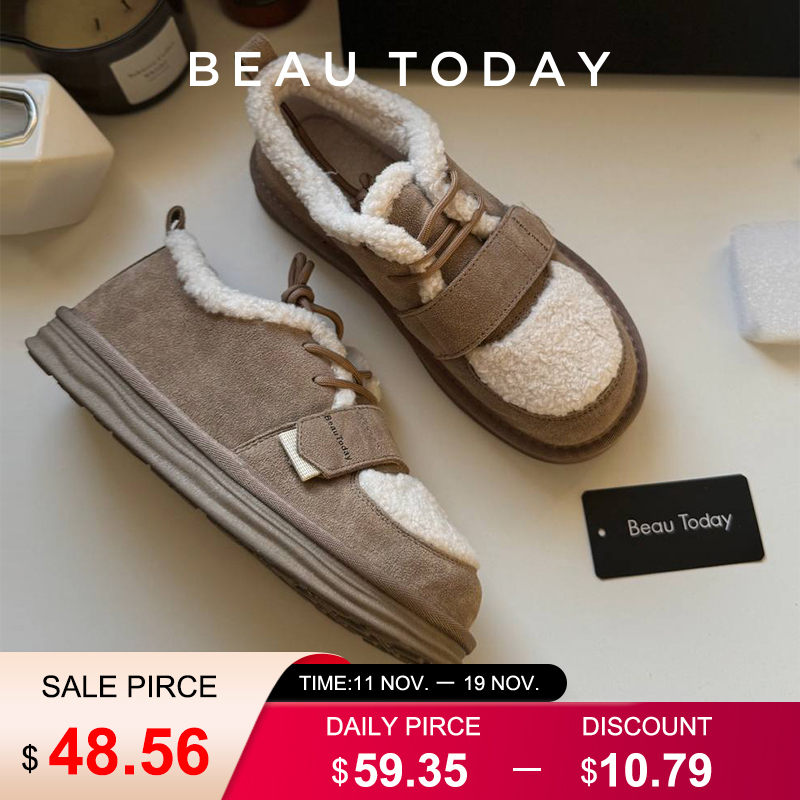 BEAUTODAY Furry Flats Women Cow Suede Round Toe Solid Color Hook & Loop Lace-Up 2023 Winter Ladies Warm Shoes Handmade 27843