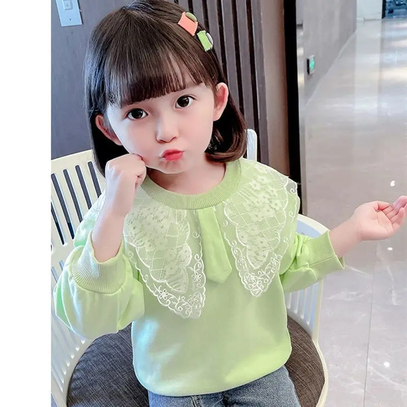 Child Girl T-shirt Long Sleeve Crew Neck Spring Autumn Casual Fashion All-match Solid Color Lace Comfortable Tops t shirt cotton t shirt kids t shirt