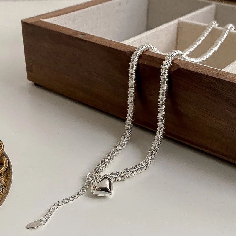 Silver Color Love Heart Pendant Thick Chain Necklace for Women Sexy Trendy Clavicle Choker Jewelry Gifts